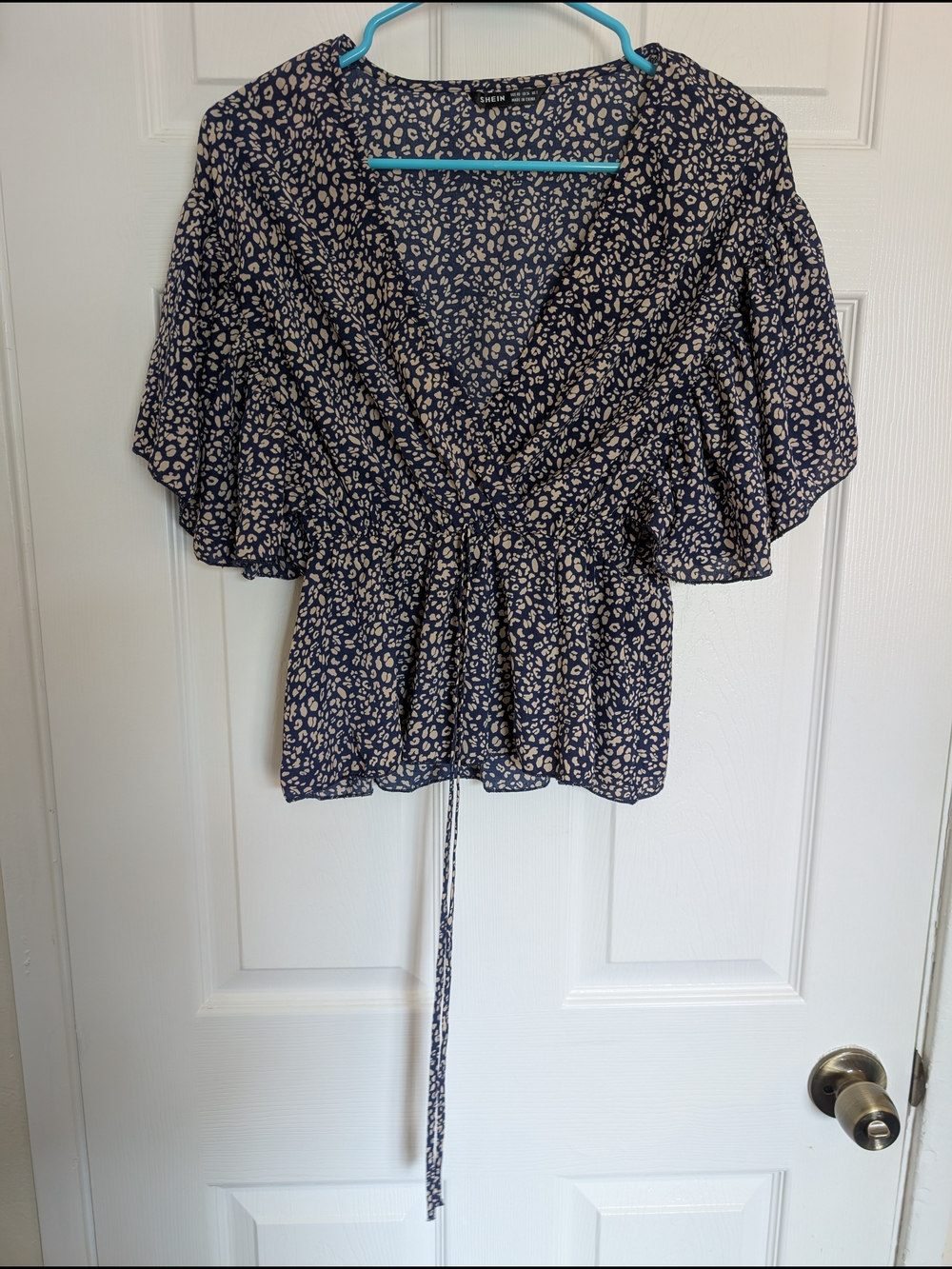 SHEIN Navy and Cream Floral Blouse with Tie Waist